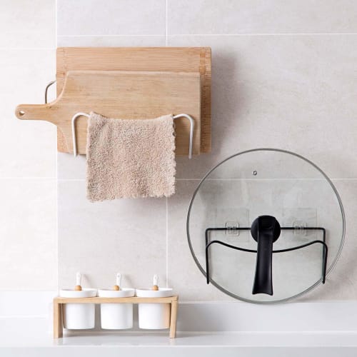 Shinepine Wall-Mounted Cutting Board Stand, Pot Lid Holder, Kitchen Storage with Strong Adhesive, No Drilling Required, 3-Piece Set, White