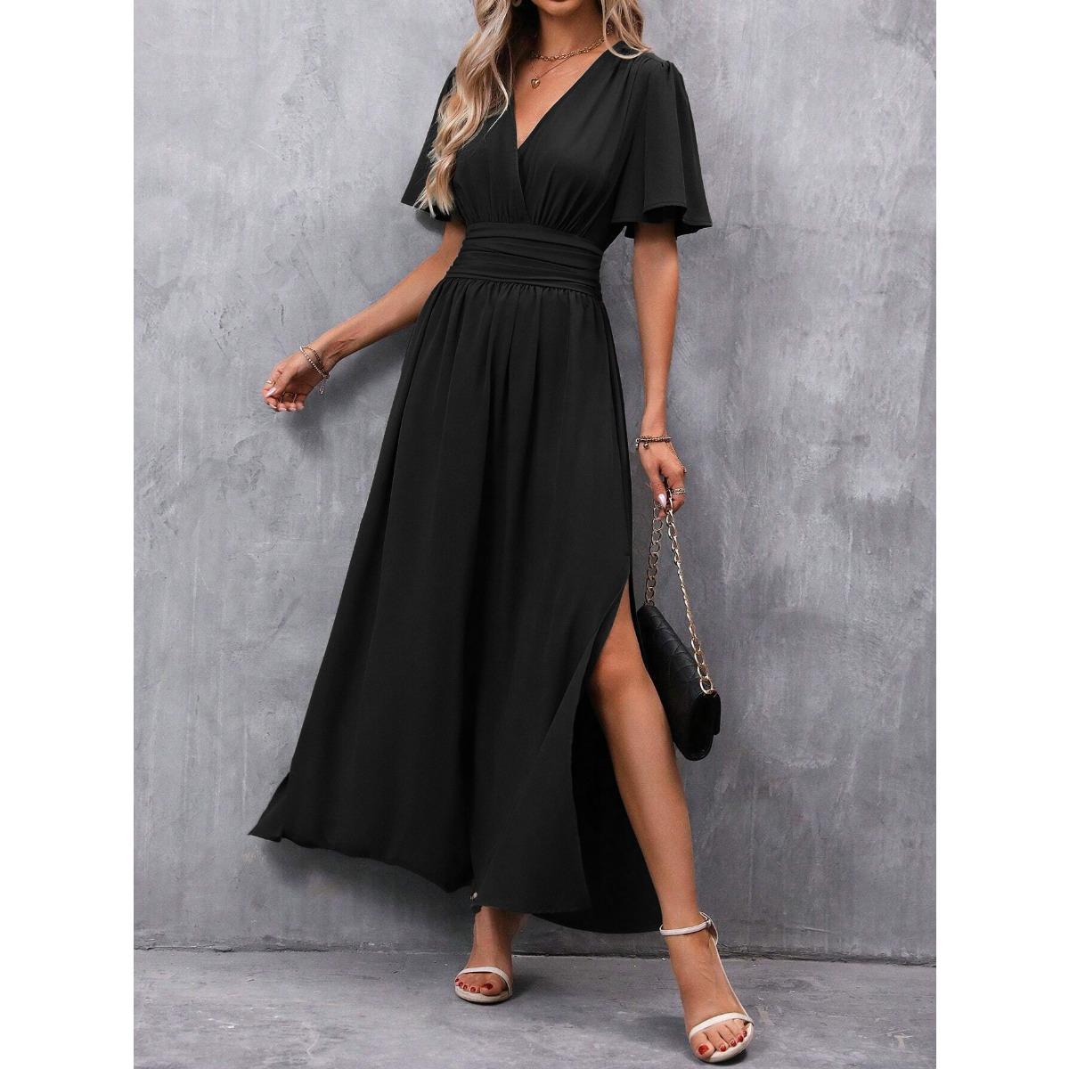 Elegant Flutter Sleeve High Slit Smocked Back Long Maxi Dress For Women S чёрный