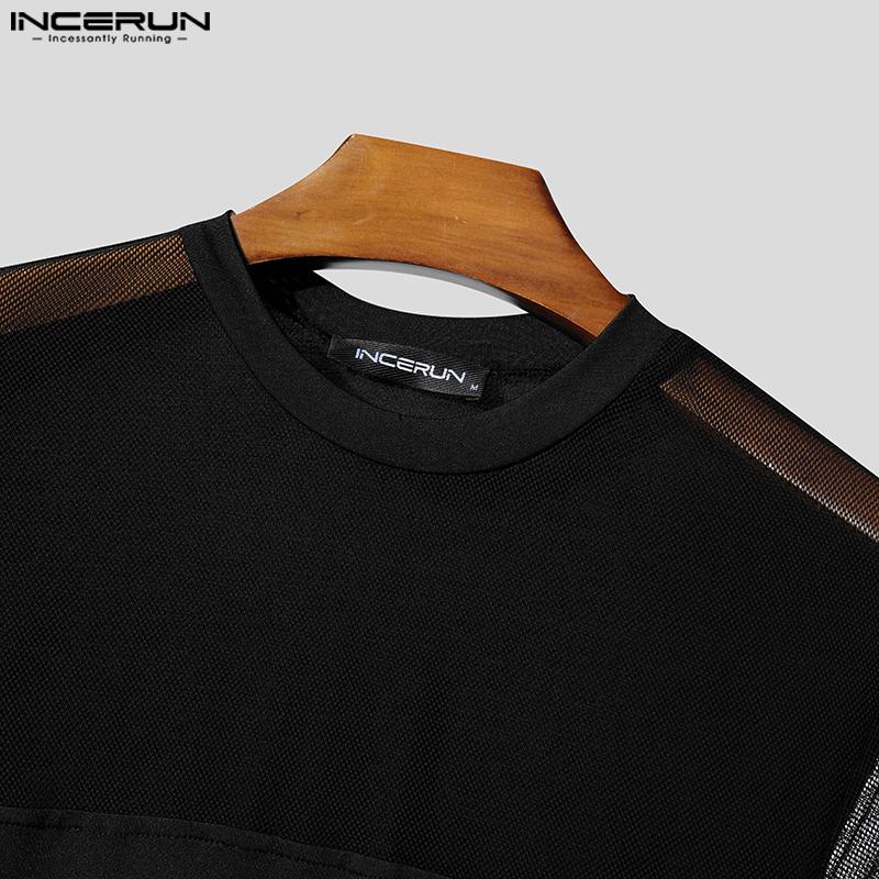 INCERUN Summer Men Short Sleeve Mesh Sheer Patchwork Skinny T-shirts