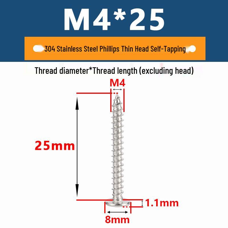 Yigu 304 Stainless Steel Phillips Thin Flat Head Self-Tapping Screw M2-M8, Countersunk Pointed Tail