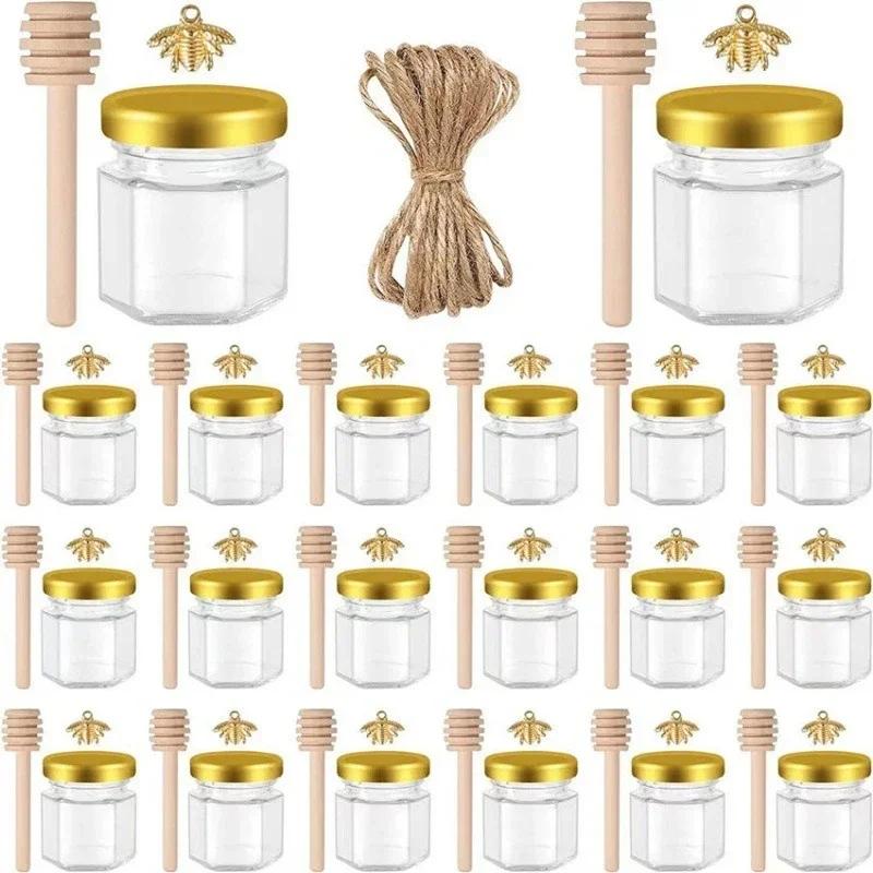 1.5Oz Sealed Jar Hexagon Mini Glass Honey Jars with Bee Pendants,Jutes,Wood Dipper Jam Jars for Party Favors Wedding Baby Shower