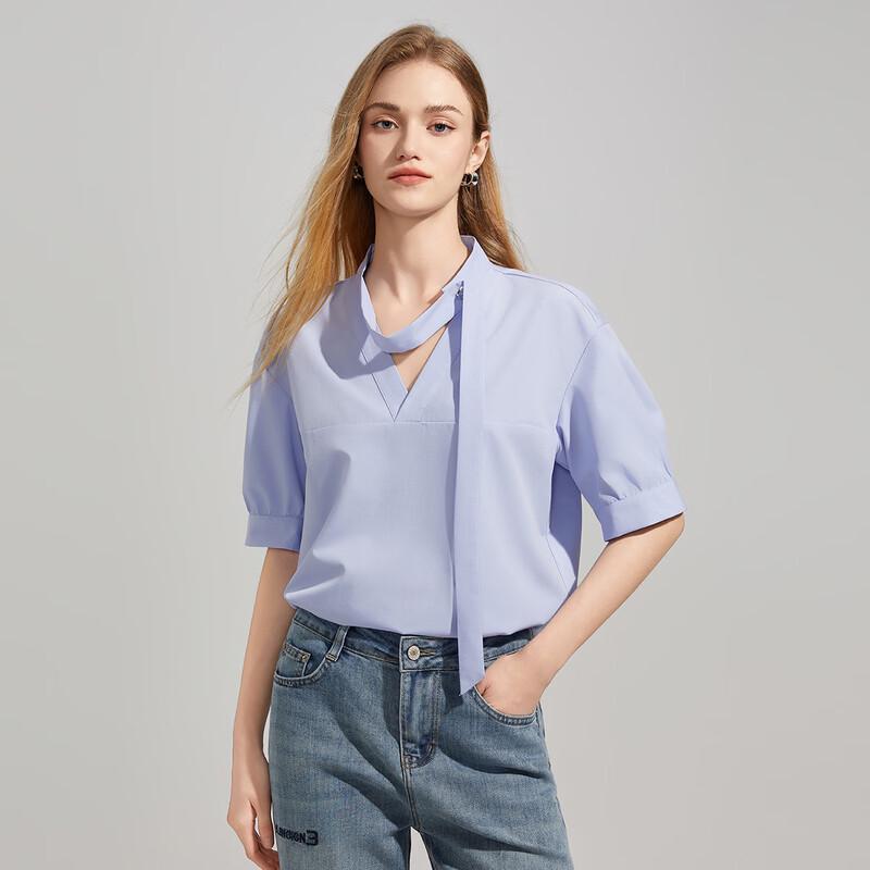 Tatu Women s French V-Neck Ribbon Short-Sleeve Blouse S