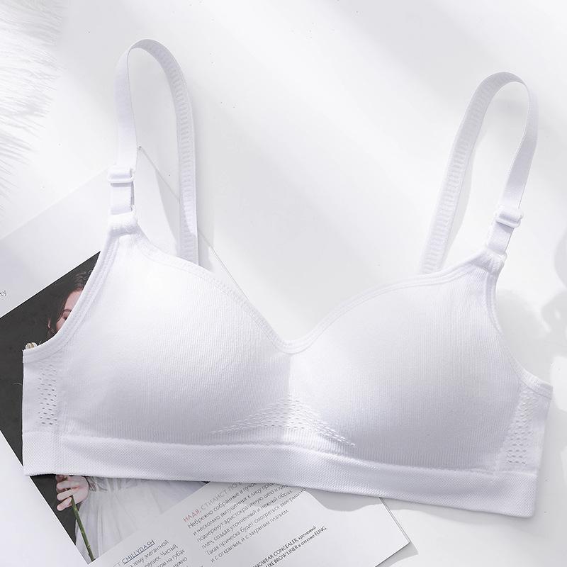 

New solid color no steel ring student bra thin white gathering breathable comfortable seamless with cotton cup summer explosion 32/70ab through cup белый
