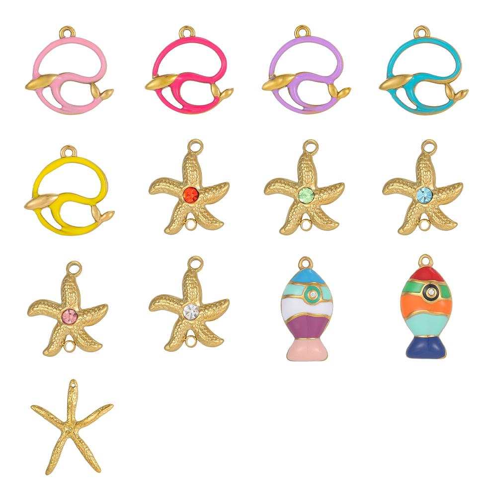 CARLIDANA New Design Non Tarnish Beach Charm Stainless Steel Dolphin Gold Color Starfish Fish Oil Drop Charms for Jewelry Making