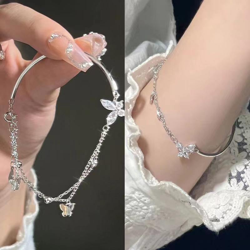 Broken Sense Sparkling Diamond Butterfly Double Chain Cool Little Fairy Bracelet серебряный