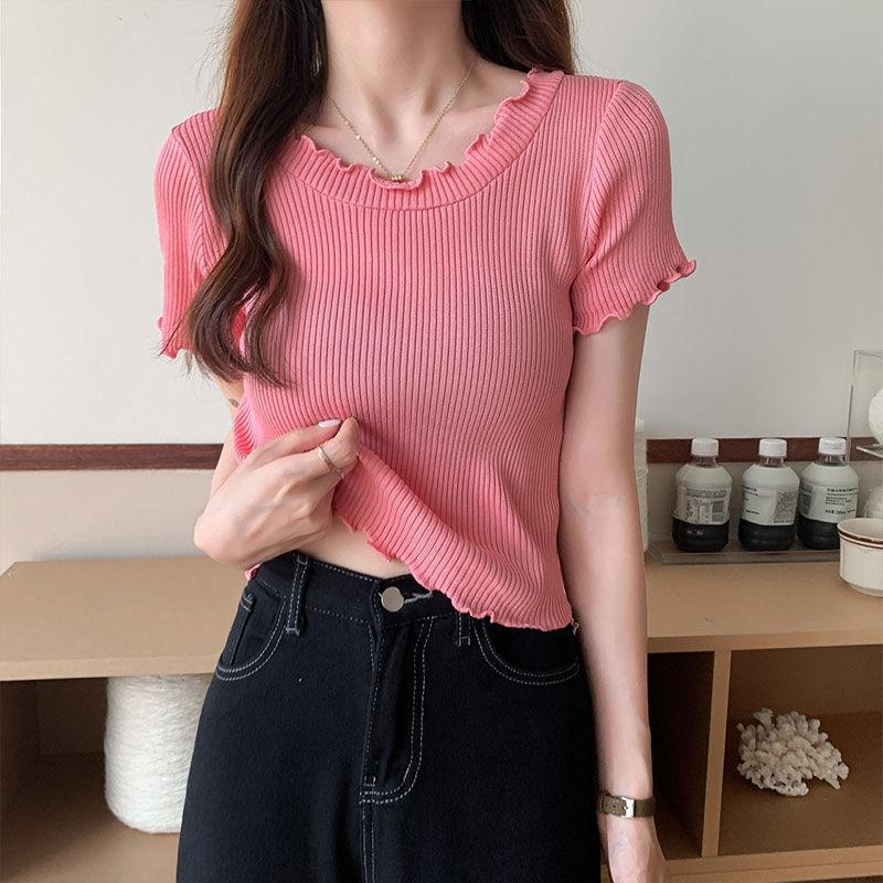Ice Silk Short Sleeved T-shirt for Women In Summer Slim Fit and Slimming Short Top with Mushroom Edge Design Fashionable and Versatile Knit Shirt