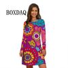 Flower Power Women Dress Retro Hippie Elegant Long Sleeve Loose Dress Casual Fashion Oversized Autumn Woman Print Mini Dress