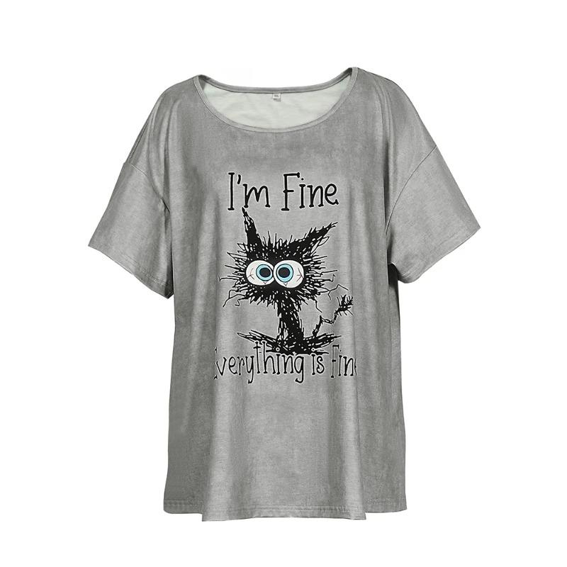 

Большие размеры модная женская футболка с принтом кота Kawaii футболки топы с коротким рукавом футболка свободного покроя женская одежда XL серый