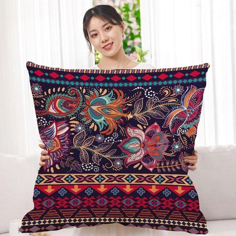 Double-Sided Bohemian Print Ethnic Style Pillow Cover Sofa Living Room Cushion Cover Geometric Pillow Square Pillowcase