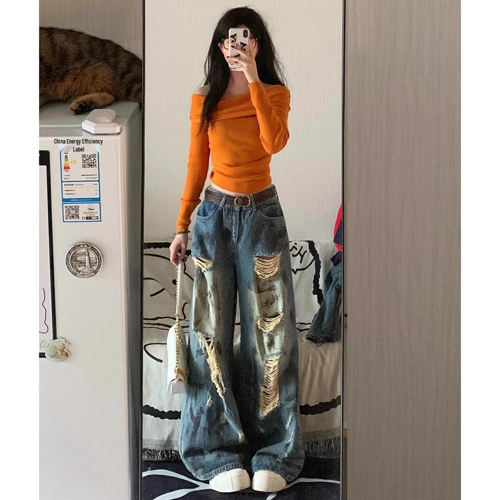 Unisex Korean Retro Wide-Leg Ripped Jeans for Kids - 2025 Autumn Collection