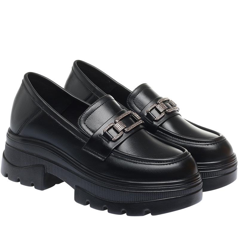 2023 Damen Loafer mit dicker Sohle: Weiches Leder, Klobige Absätze, Britischer Stil, Frühling/Herbst, Weiß