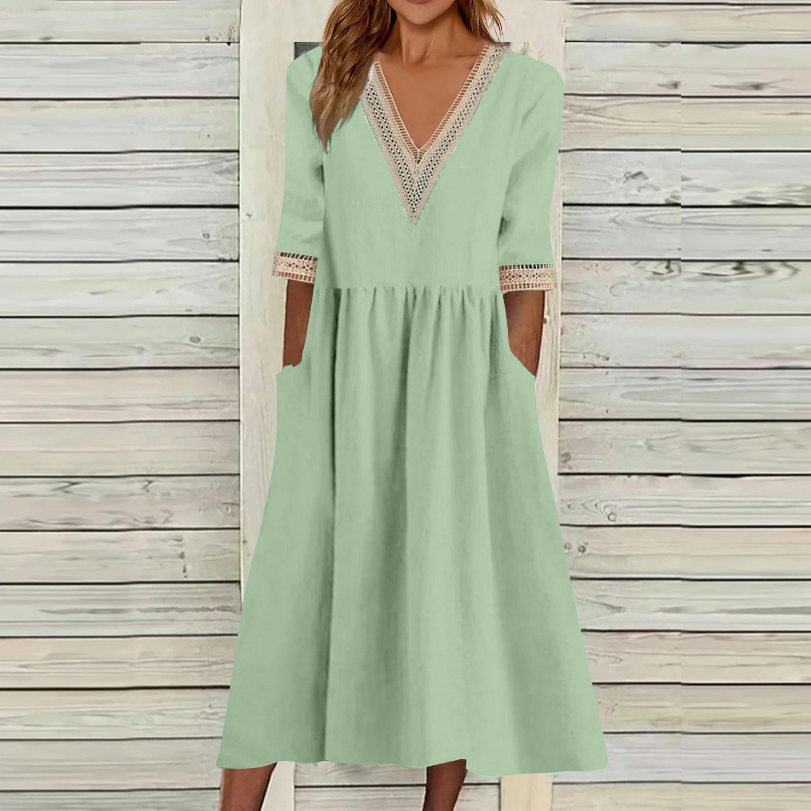 Spring And Summer Women s Color Short Sleeved Lace V-Neck Waist Up Dress L зелёный