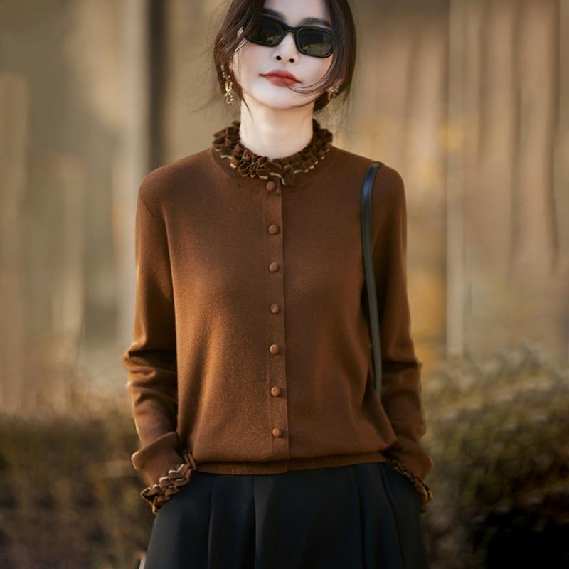 French Crochet Fungus Edge Collar Cardigan Women'S Autumn And Winter New Foreign Style Warm Base Stacked Sweater Jacket