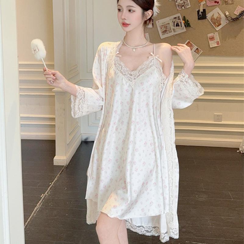 Ice silk pure desire wind suspender nightdress spring and summer sexy lace nightgown high sense two-piece set sweet loungewear women