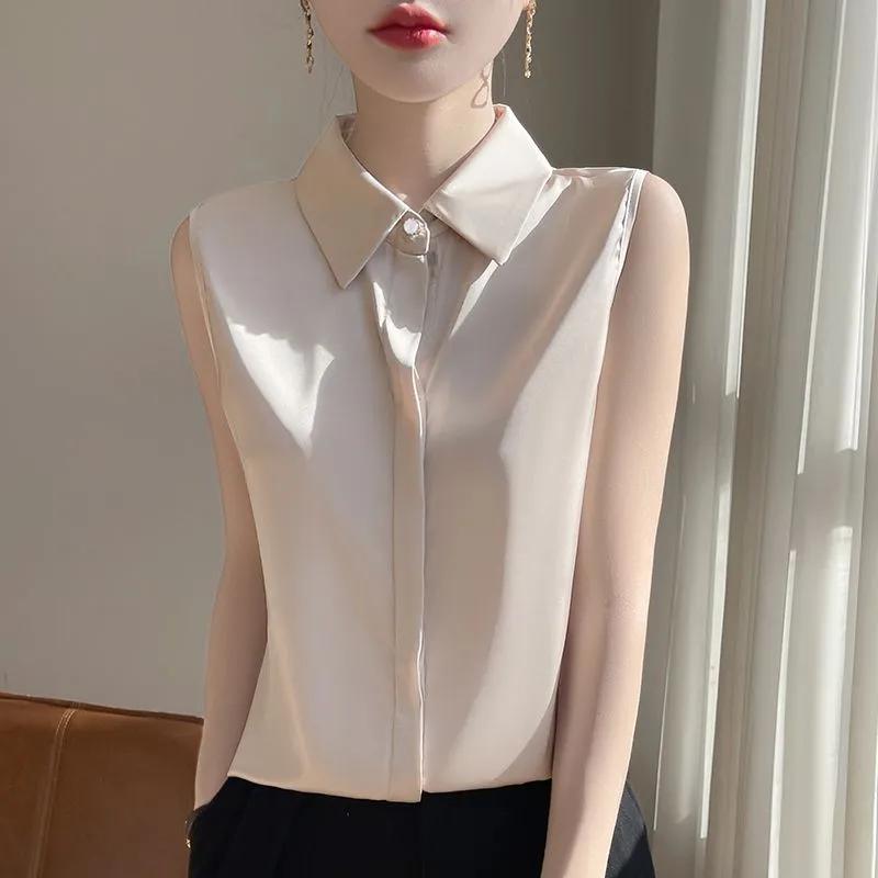 

Women White Satin Lapel Sleeveless Button Down Shirt M бежевый