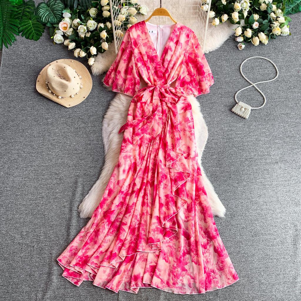 French light luxury elegant flared sleeve V-neck dress women's summer style romantic high-end printed dress