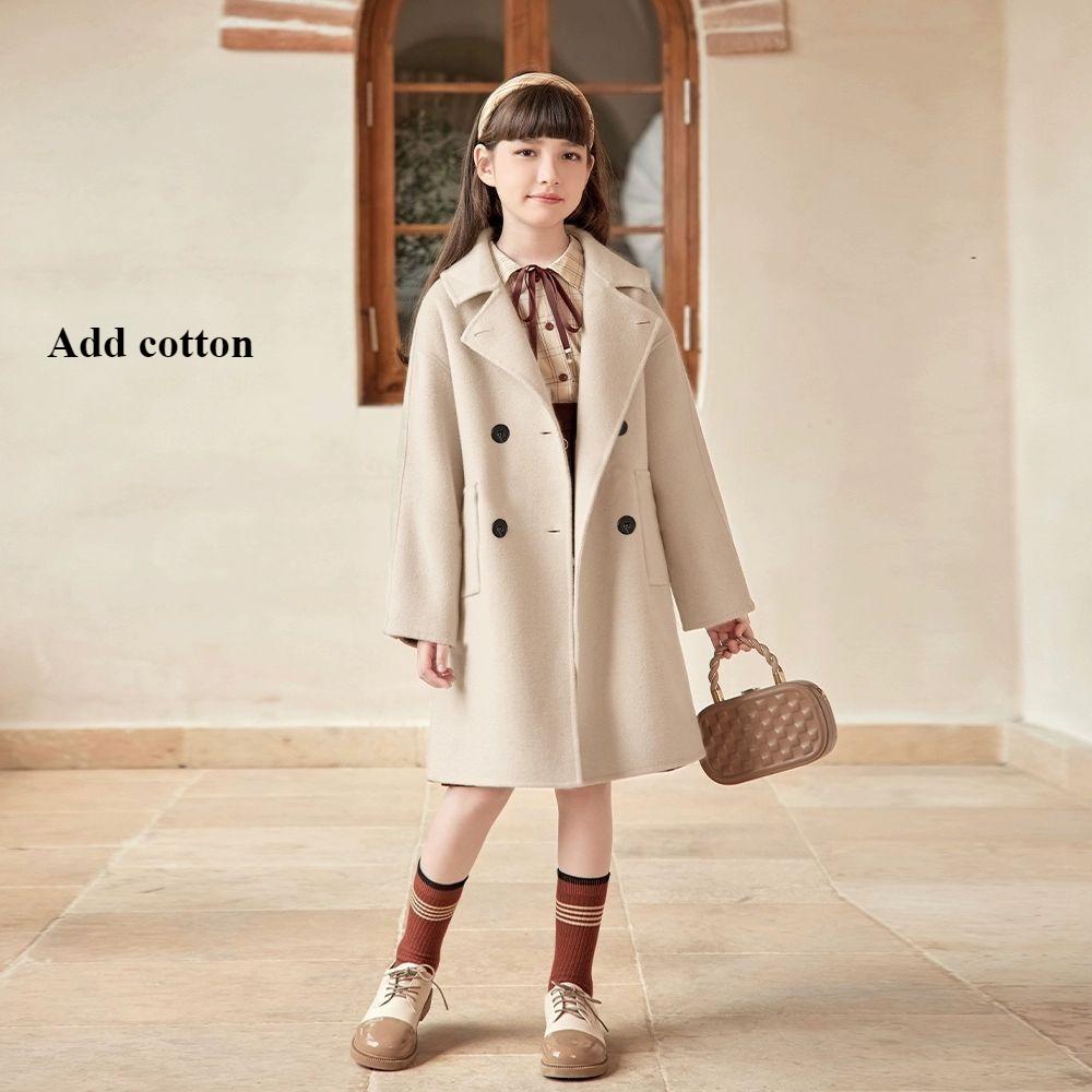 Girls` Loose-Fitting Double-Breasted Wool Coat: Fall/Winter