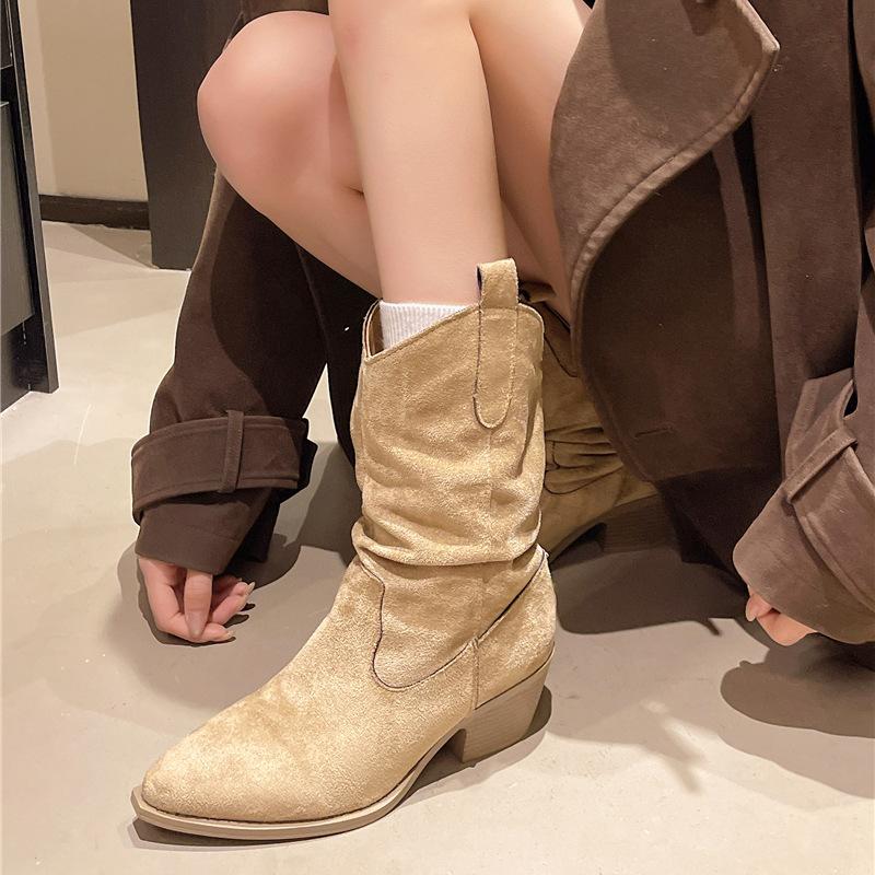 2025 autumn and winter fashion boots thick heel retro lazy wind knight boots pleated pile boots merard pointed women's shoes