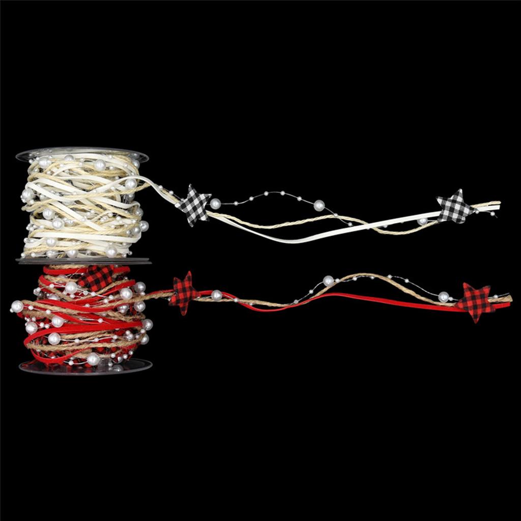 Xmas Star Ribbon 16.4FT Polyester Plaid Xmas Decorative Ribbon with Star Beaded Design for DIY Handmade Wedding Party