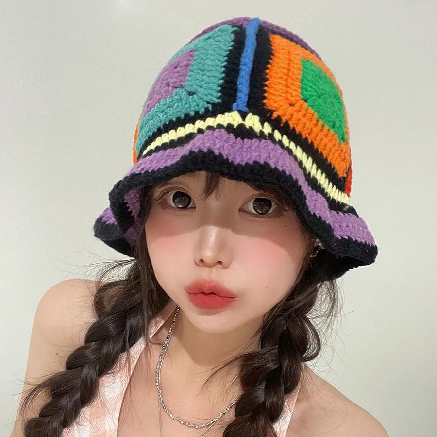Spring and Summer New Famous Style Color Hand-knitted Bucket Hat Women's Sweet Versatile Face Small Color Matching Basin Hat