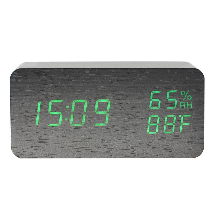 Rectangular Home Bedroom Electronic Temperature and Humidity Alarm Clock USB Voice Control LED Brightness Adjustment Digital Wood Clock