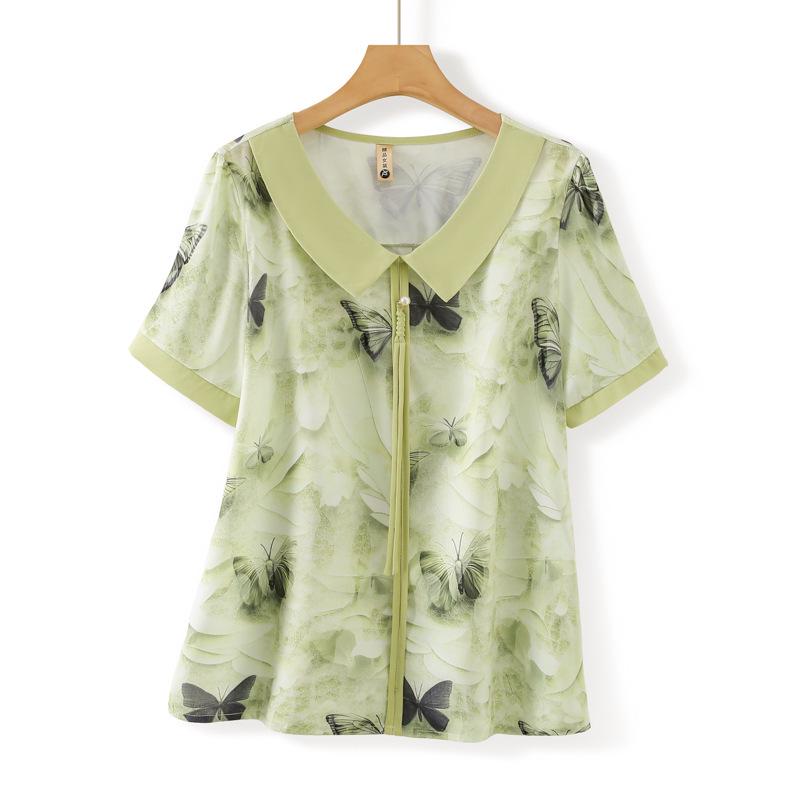 

2026 Summer Butterfly Print Short Sleeve Shirt for Women: Stylish, Slimming, and Perfect for Middle-aged Moms 5XL - 150-165 pounds зелёный