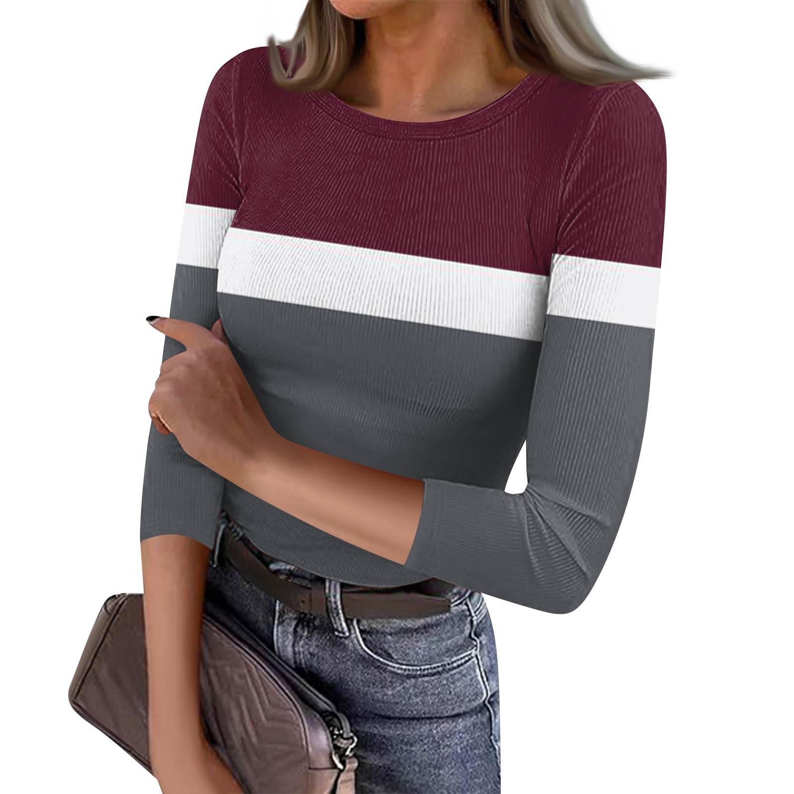 

Women s Slim Bottom T-shirt Fashion Casual Stripe Printed Round Neck Pullover Seven Sleeve Top XL винный