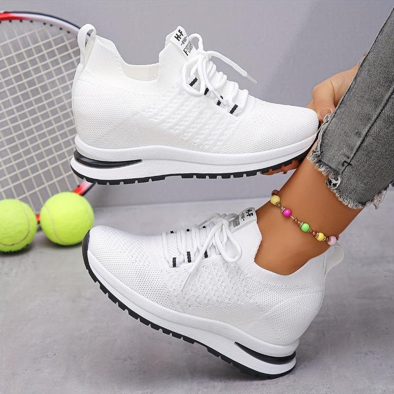 Big Yards Within The High Women's Shoes 2025 Summer New Casual Lace Thick Bottom Slope with Flyknit Mesh Shoes Female