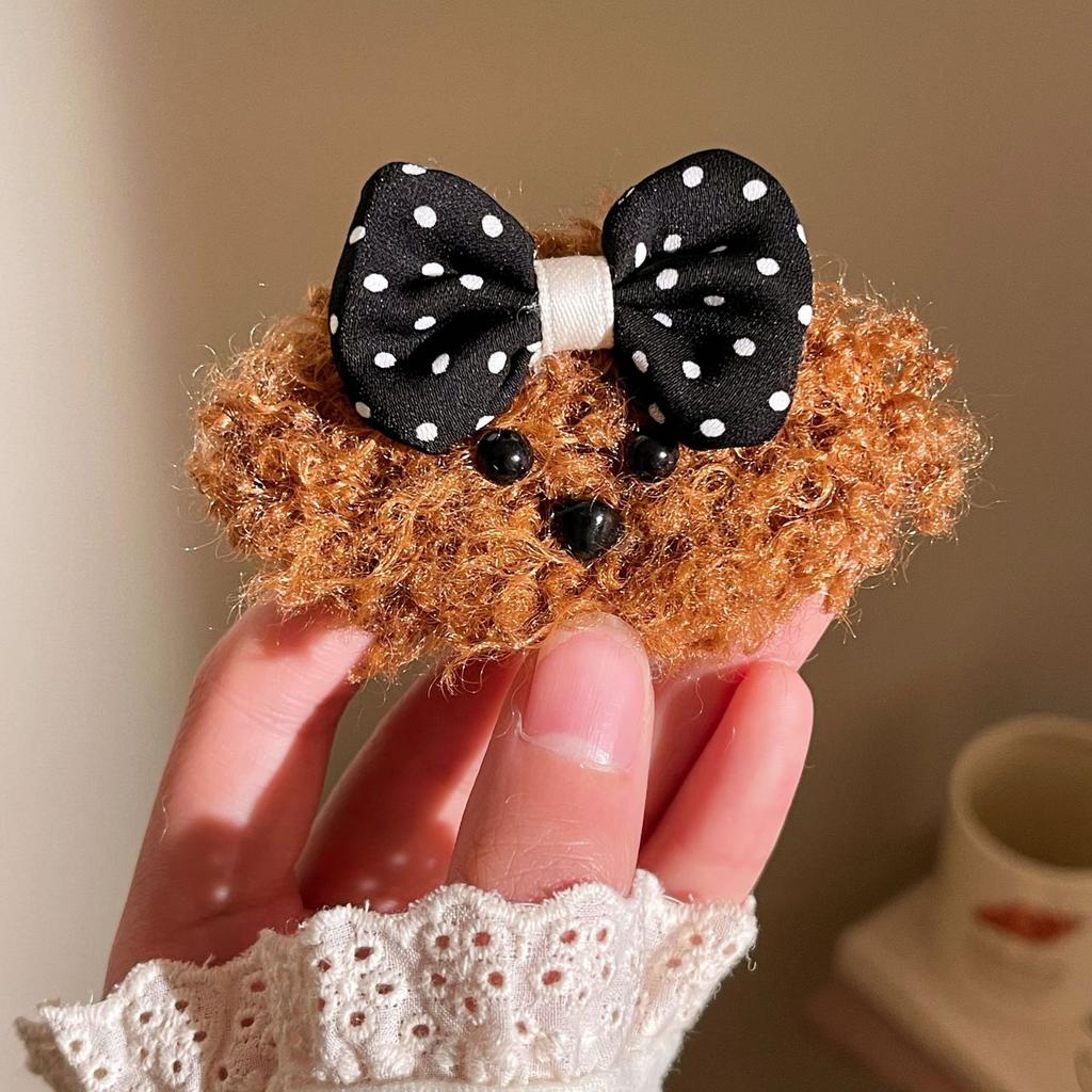 Cute Teddy Dog Plush Hair Clip With Red Blue Bowknot Cartoon Side Bangs Clip Hair Accessory For Girls Children Daily Wear