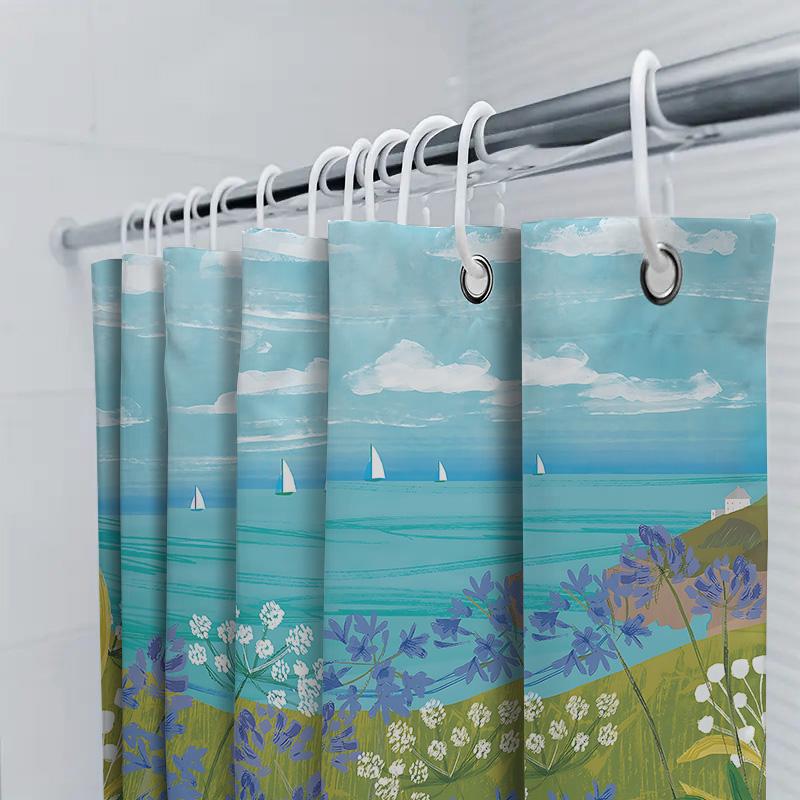 Beautiful Seascape Shower Curtain Blue Flowers Sailboats Print Enhances Coastal Bathroom Decor Nature Lovers Delight Easy-Clean