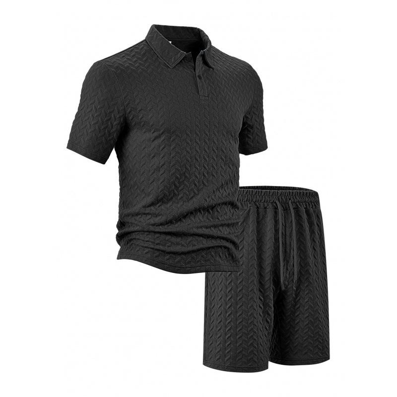 Summer Men's POLO Jacquard Solid Color Casual Loose Shorts Sports Set