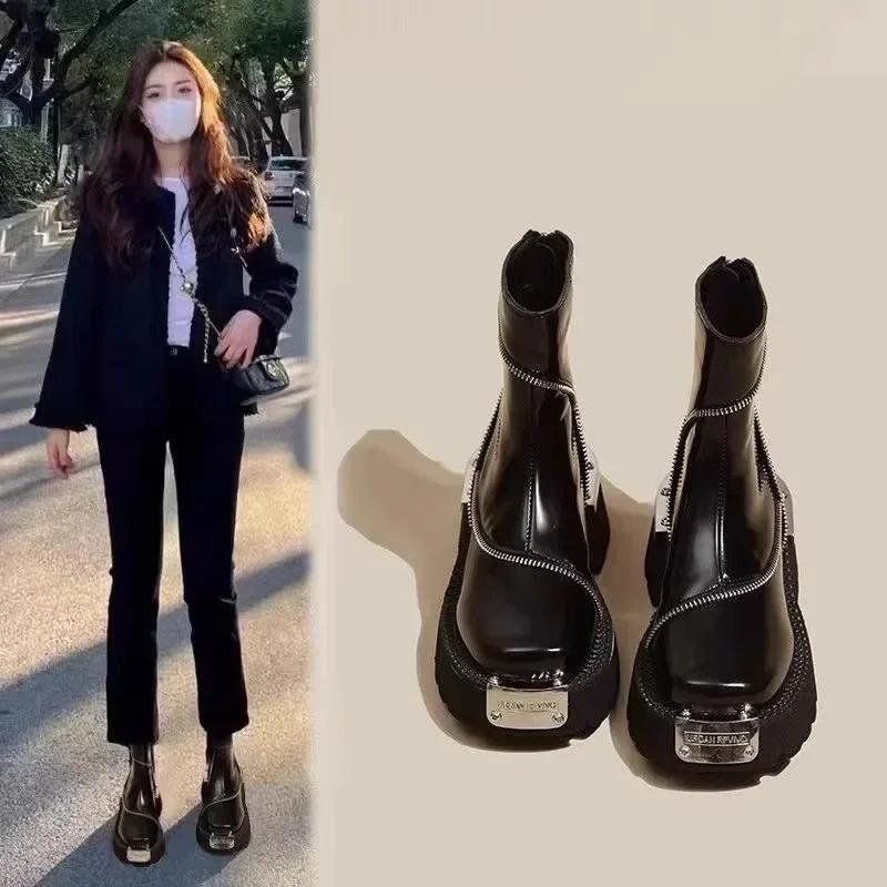 Women's Shoes On Sale Fashion Zipper Women's Boots Winter Round Toe Solid Short Barrel Platform Chunky Heels Ladies Boots