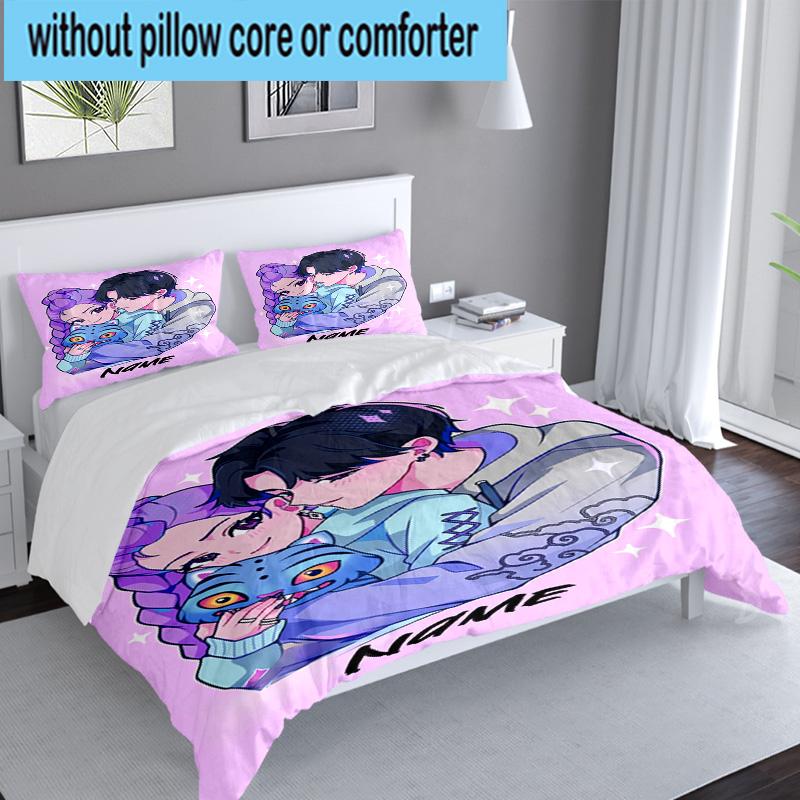 Custom Name 3PCS KPop Cartoon Bedding Set Including 1pc Duvet Cover And 2pcs Pillowcases for Bedroom, Dormitory Gift Home Decor