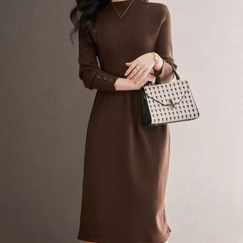 Half Turtleneck Knitted Dress for Women Solid Color Casual Knee-length Sweater Dress Mid-length Knitted Sweater for Autumn and Winter