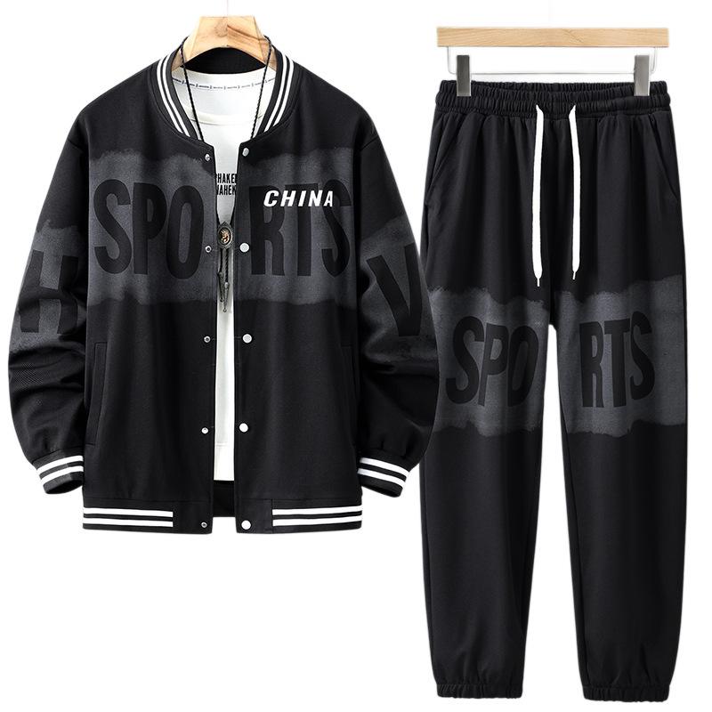 Plus Size Men's Trendy Casual Two-Piece: Baseball Jacket & Pants Set for Spring & Autumn