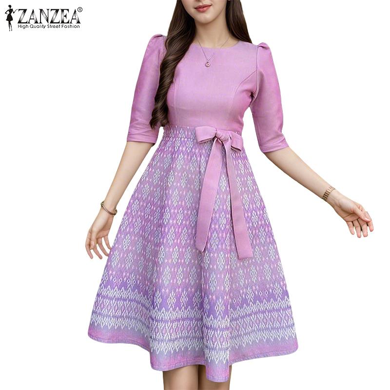ZANZEA Robe d'été décontractée pour femme, col rond, manches courtes, imprimé patchwork