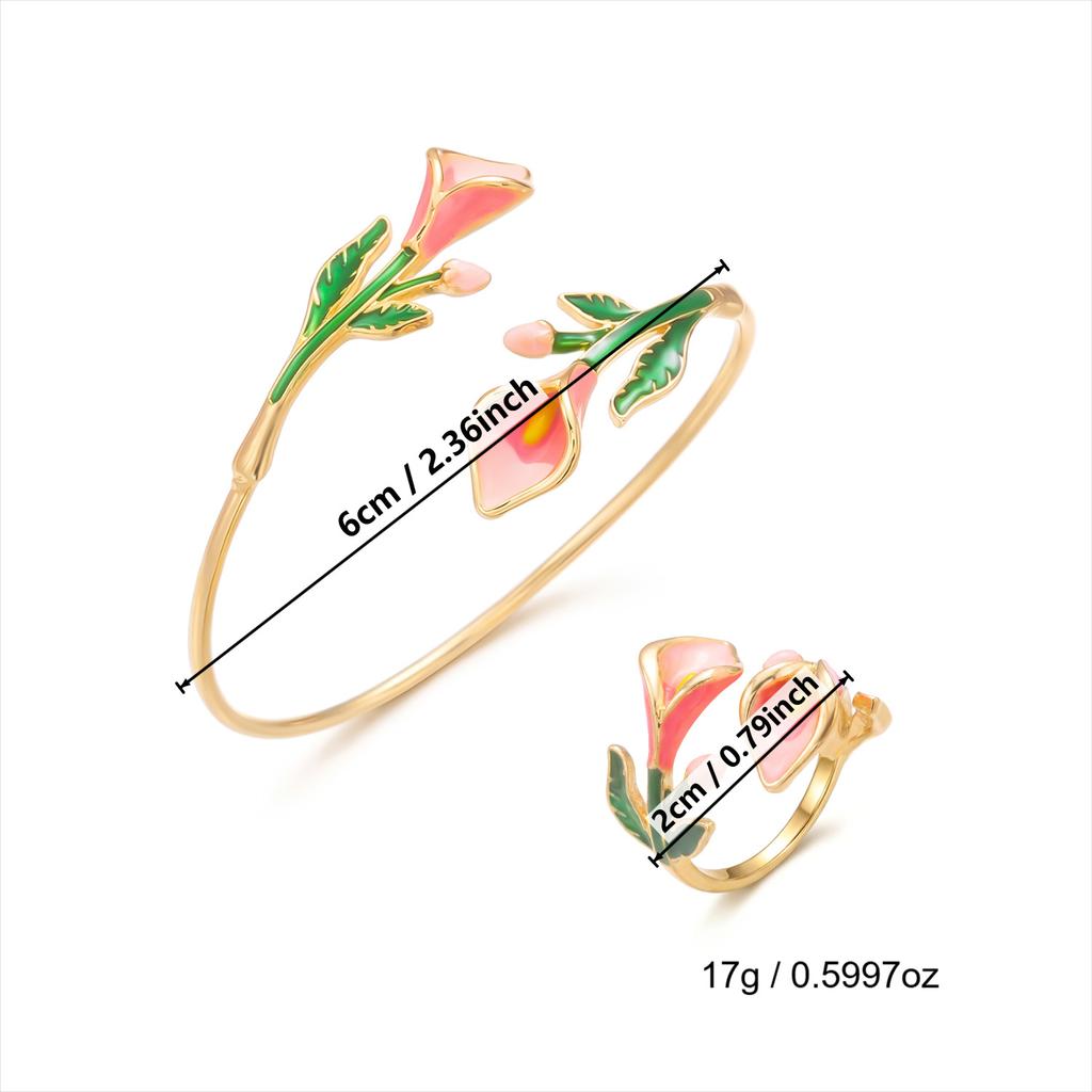 Women's Bracelet and Ring Set, Alloy Enamel Camellia Open Bracelet and Ring Set