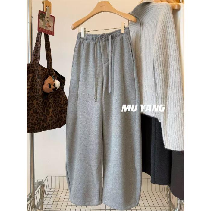 

Plus Size Elastic Waist Plush Thickened Sweatpants for Women - Autumn Winter Slimming Straight-Leg Color Block Wide-Leg Pants L світло-сірий колір