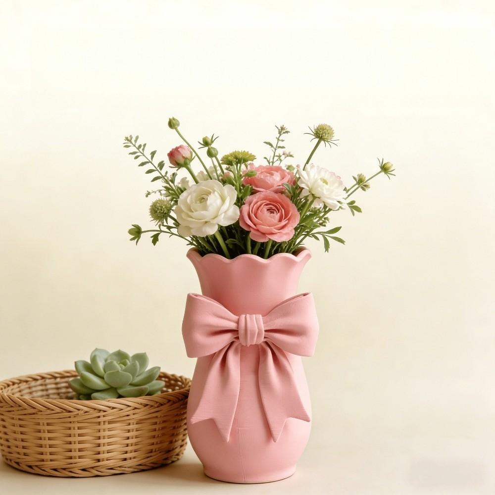 Twisted Design Pink Bow Flower Vases 3D Printed Decorative Vase Office Tabletop Ornaments