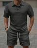 Men's Light Green Short Sleeve Polo Shirt and Shorts Set Casual Knit Texture Two Piece Outfit