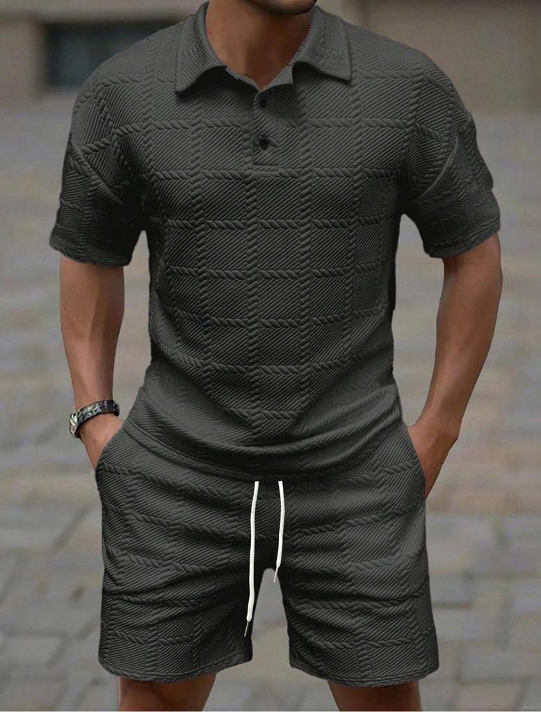 Men's Light Green Short Sleeve Polo Shirt and Shorts Set Casual Knit Texture Two Piece Outfit