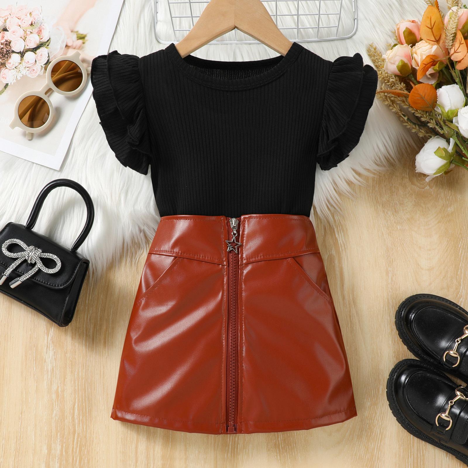 

Детская одежда для девочек 2-6 лет, летний однотонный топ с короткими рукавами + модная юбка на молнии из искусственной кожи, юбка для девочек 130cm чёрный