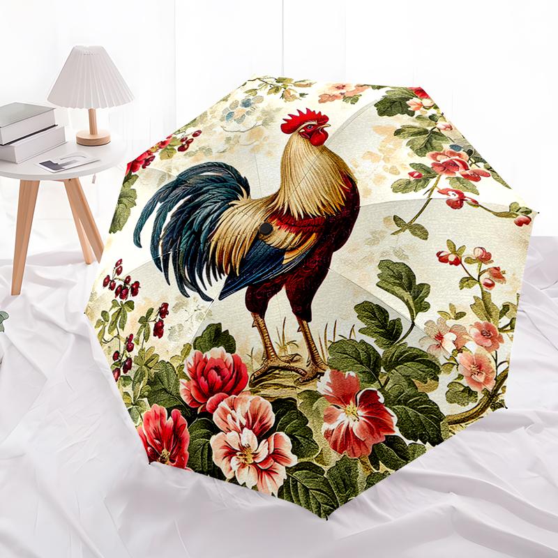 Rooster Theme Design Folding Umbrella-Fashionable Auto-Open Design 8 Iron Ribs Plastic Handle Foldable Sunshade,Perfect Gifts