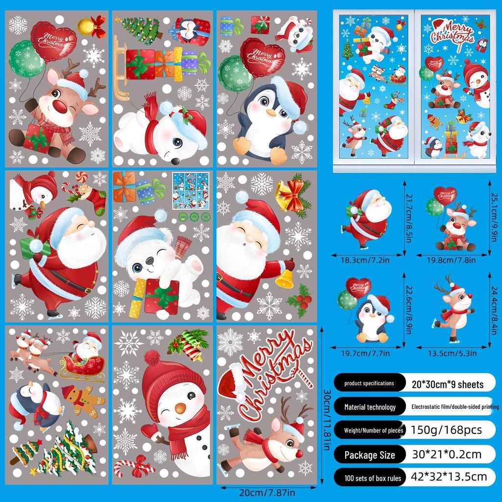 Christmas Snowflake and Reindeer Wall & Window Stickers - Static Santa Claus Decor for Refrigerator and Shops