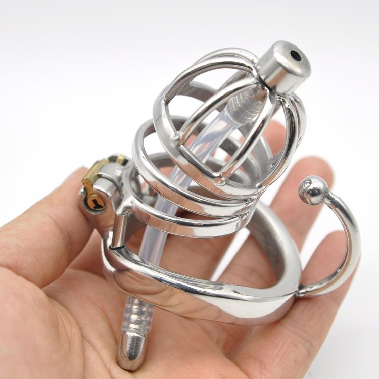 Stainless Steel Chastity Device Cock Cage Penis Lock with Penis Stimulation Urethral Plug Adult Sex Toy for Men