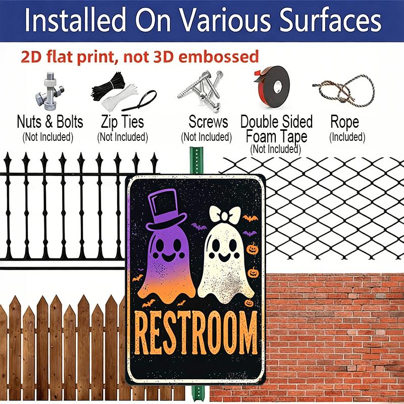 2D Flat, Halloween Restroom Sign - Cute Ghosts with Top Hat & Bow - Rustic Aluminum Bathroom Decor - 8x12 Inches - for Haunted House, Party, Home