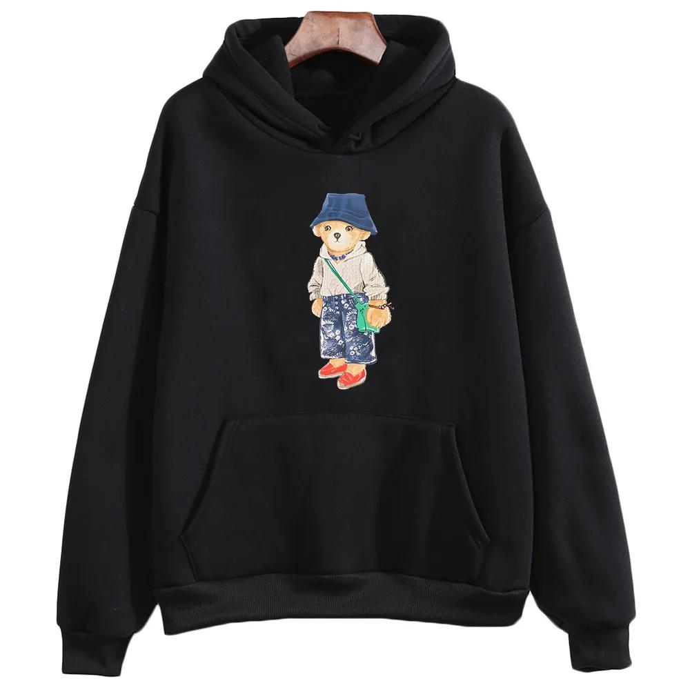 Trendy Cartoon Bear Graphic Hoodies Women Winter Sweatshirts Fleece Clothing Comfortable Crewneck Pullovers Casual Long Sleeve