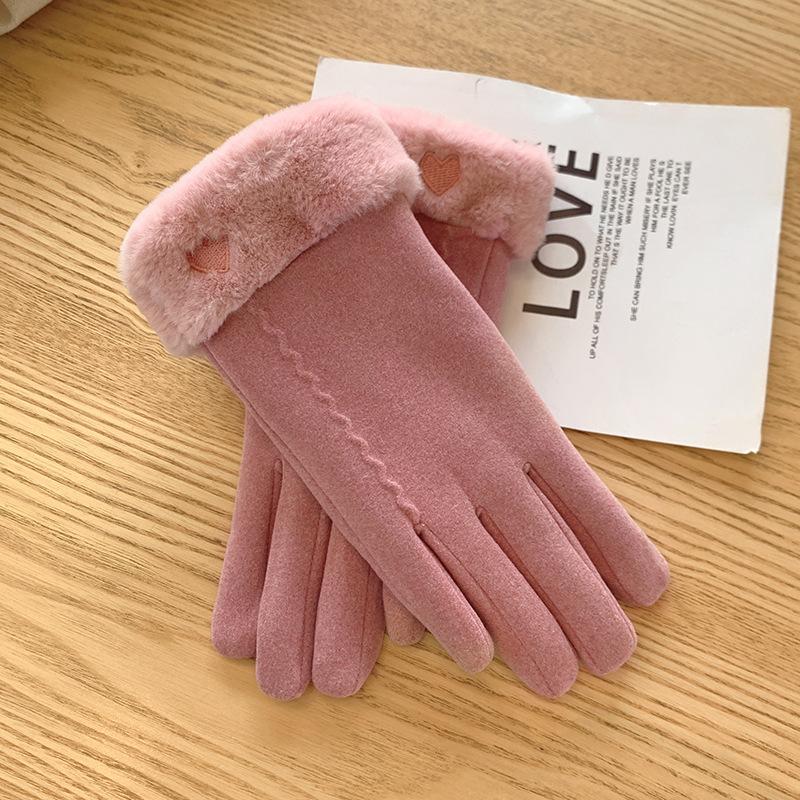 Gloves Women's Winter Warm Fleece Thickened Cute Riding Cold Wind Five-finger Touch Screen Plush Gloves