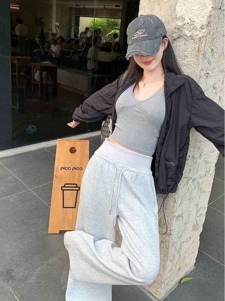 Women's 2025 Early Autumn Wide-Leg Drawstring Pants - Solid Color, Loose Fit, Casual Style