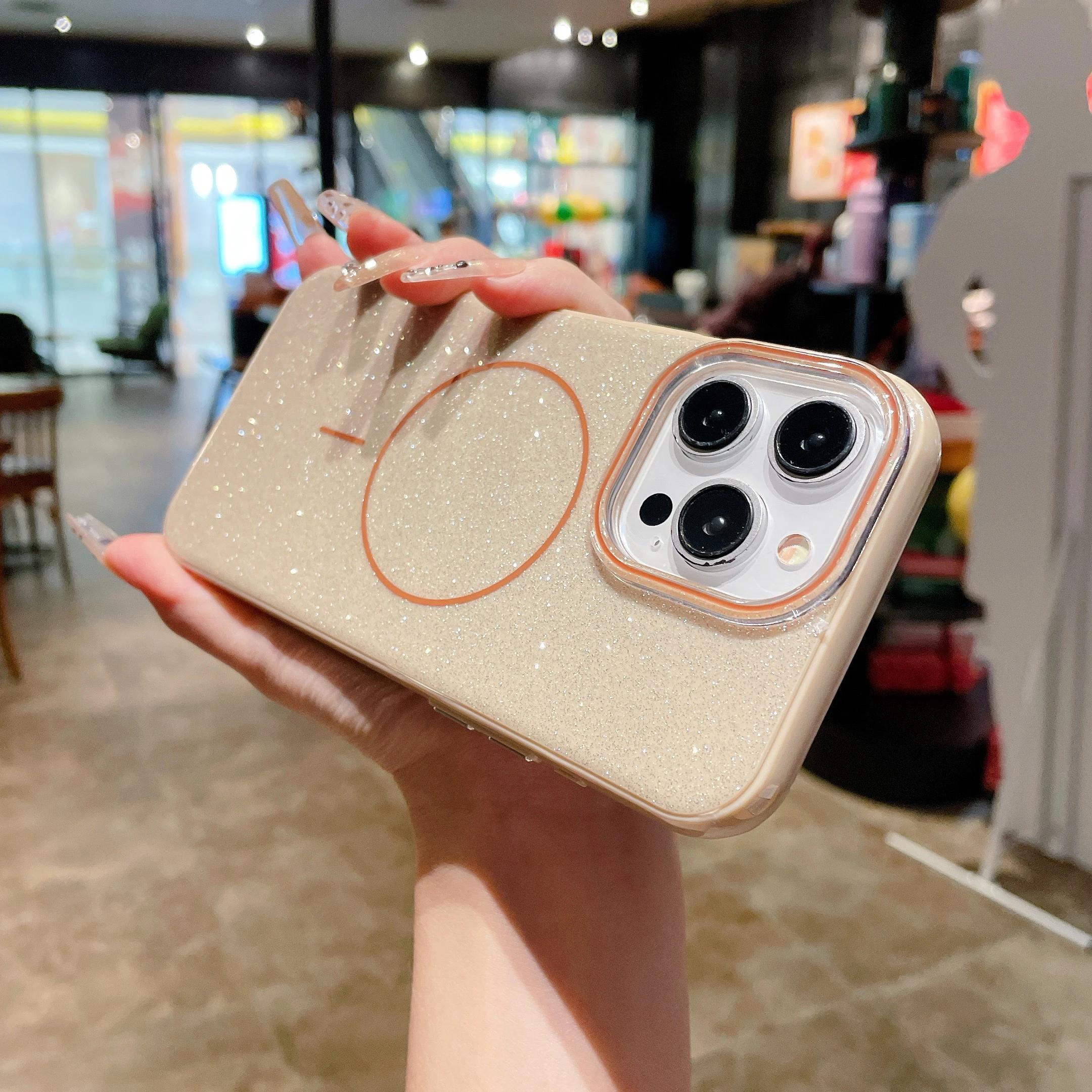 

Роскошный блестящий чехол Magsafe для iPhone 16 15 14 Plus 11 12 13 Pro Max с беспроводной зарядкой, магнитный, противоударный, IMD, твердый чехол For iPhone 14 Pro Max золотой